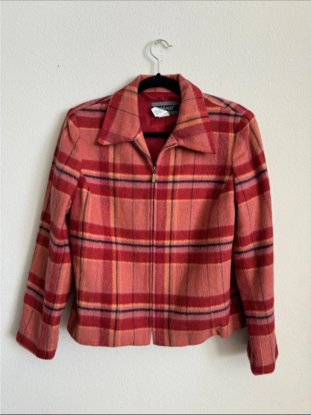Vintage 80s 90s Pink Wool Buffalo Plaid Blanket Boxy Jacket Size 10 - Picture 2 of 4